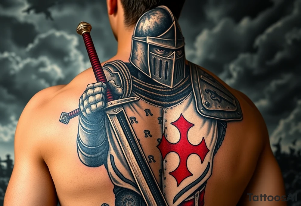 A fierce Templar knight in full armor, gripping a longsword, with a red cross emblazoned on his white tunic, standing against a stormy battlefield. tattoo idea