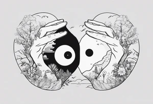 Rock hands sign in Ying yang, masculine and feminine, nothing dies everything transforms, nurture over nature tattoo idea