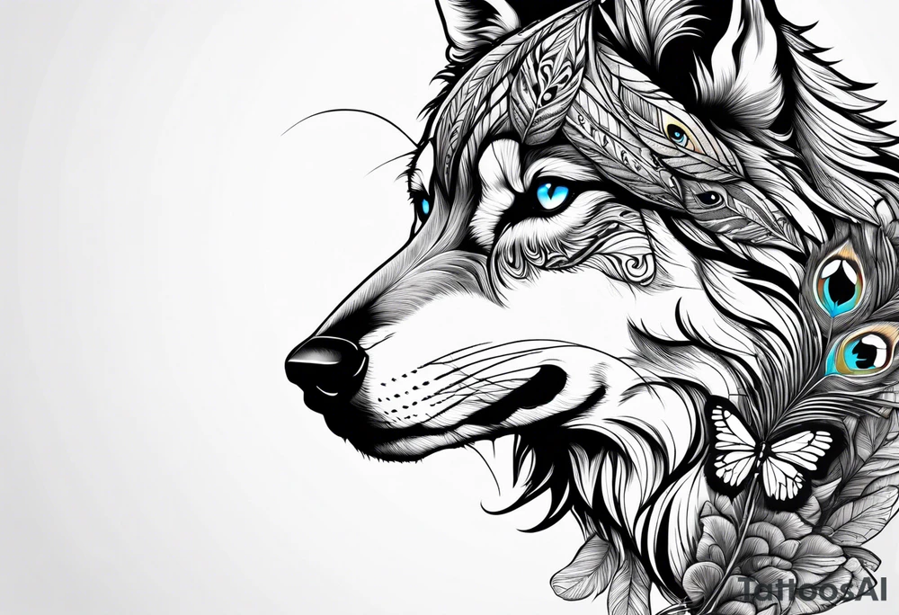Wolf puppy, peacock feather, butterfly,, hummingbird tattoo idea