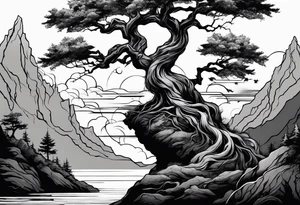 Tree reaching up to shoulder with roots going all the way down to the wrist. Mountain, water, and demon elements tattoo idea