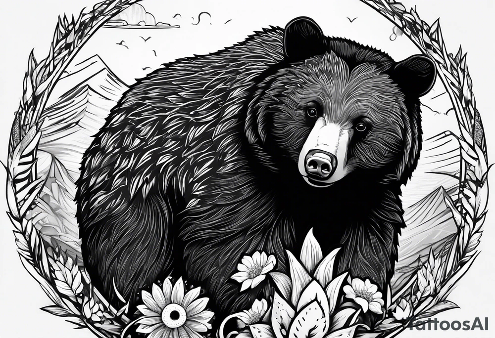 black bear, growls, adorable hedgehog, bear protects hedgehog tattoo idea