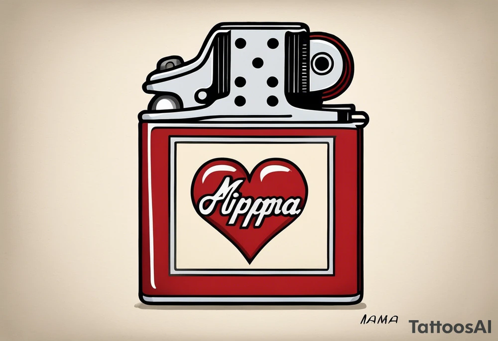 A tattoo of a vintage zippo lighter with a traditional heart engraved on the front.. inside the heart is quote "MAMA" a white gardenia is in front of the zippo and a string of pearls surrounds it.. the zippo is lit and the lid has quote "TRIED" ENGRAVED ON IT tattoo idea