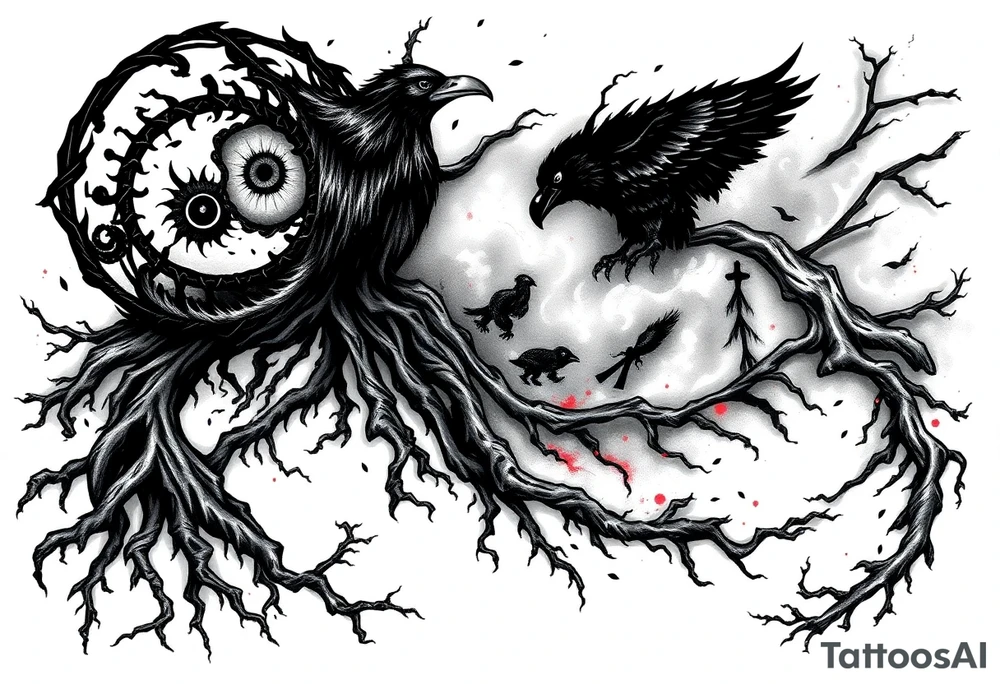 Tattoo sleeve design starting from a black spiral on the left shoulder. Integrate natural elements like twisting roots, forest vines, fog, and flowing water. Blend in mythological features such as Norse runes, a raven, and a shadowy wolf spirit. Add anime components inspired by Naruto and One Piece – including the Sharingan eye, chakra flames, silhouette of Itachi, Kurama’s head, Luffy in Gear 5 pose, and Zoro’s three swords. The design should be artistic and flowing, expanding naturally over the shoulder, upper arm, chest, and back. Use primarily black and grey tones with selective red highlights (e.g. for eyes or chakra energy). Style: mystical, powerful, connected – a fusion of nature, mythology, and anime tattoo idea