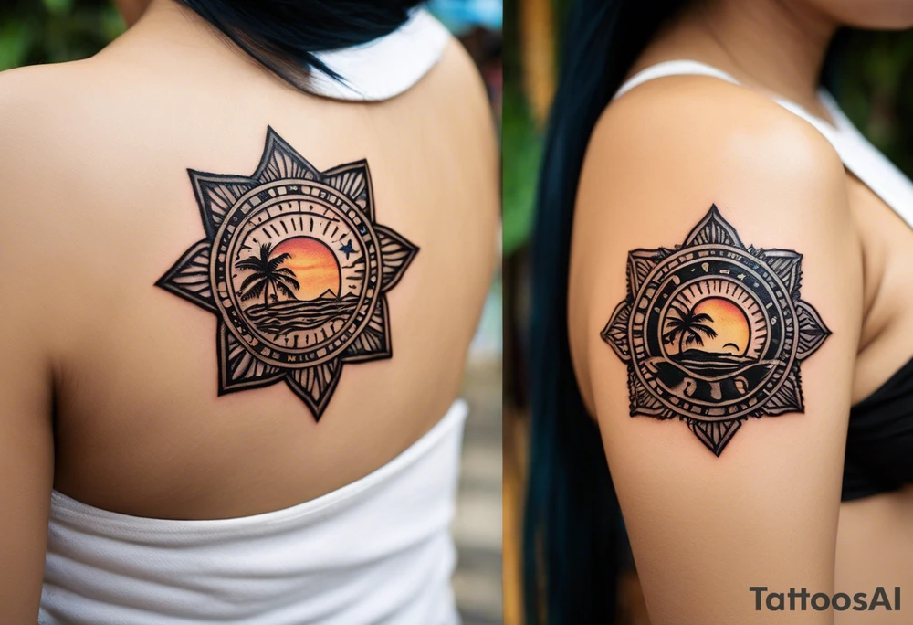 I want a tattoo resembling the Philippines. The frame of the tattoo will be the outlines of the Philippine sun (from the flag). Inside of the sun there shall be a seaturtle and a jeepney. Optionally there can be a Kubo, a buko and/or a Philippine eagle. The turtle and the jeepney may stick out of the frame. tattoo idea