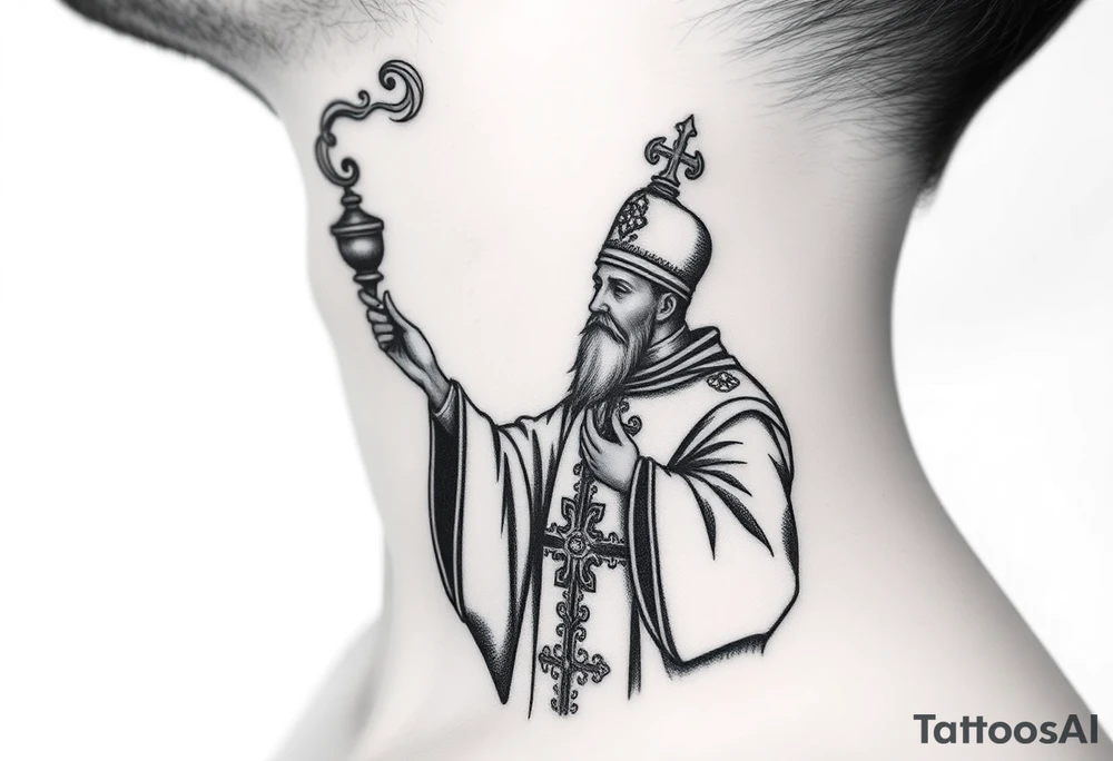 Russian Orthodox Priest in fully detailed vestment swinging a censer with smoke curling upward tattoo idea