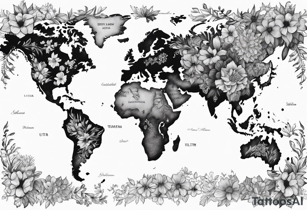 World map with floral design tattoo idea