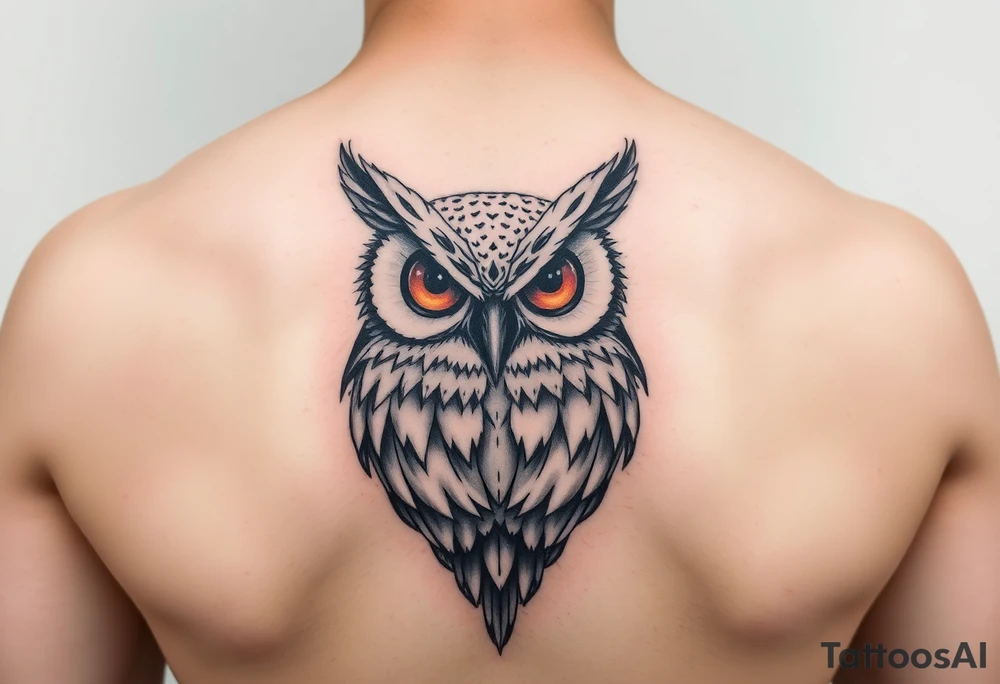 Abstract large colored tripping eye owl with less feathers tattoo idea
