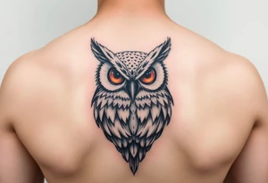 Abstract large colored tripping eye owl with less feathers tattoo idea