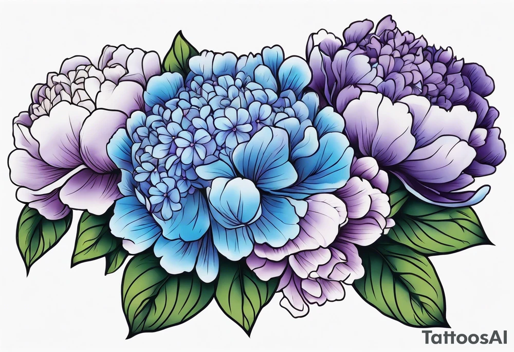 Blue and purple hydrangeas with peonies tattoo idea