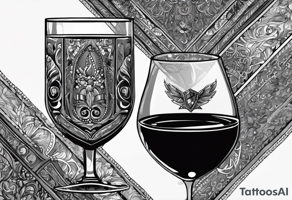 "Cheers Mate" black and grey ink armband, intricate, artistic +abstract +grey Cancer Ribbon +toasting bourbon glass tattoo idea