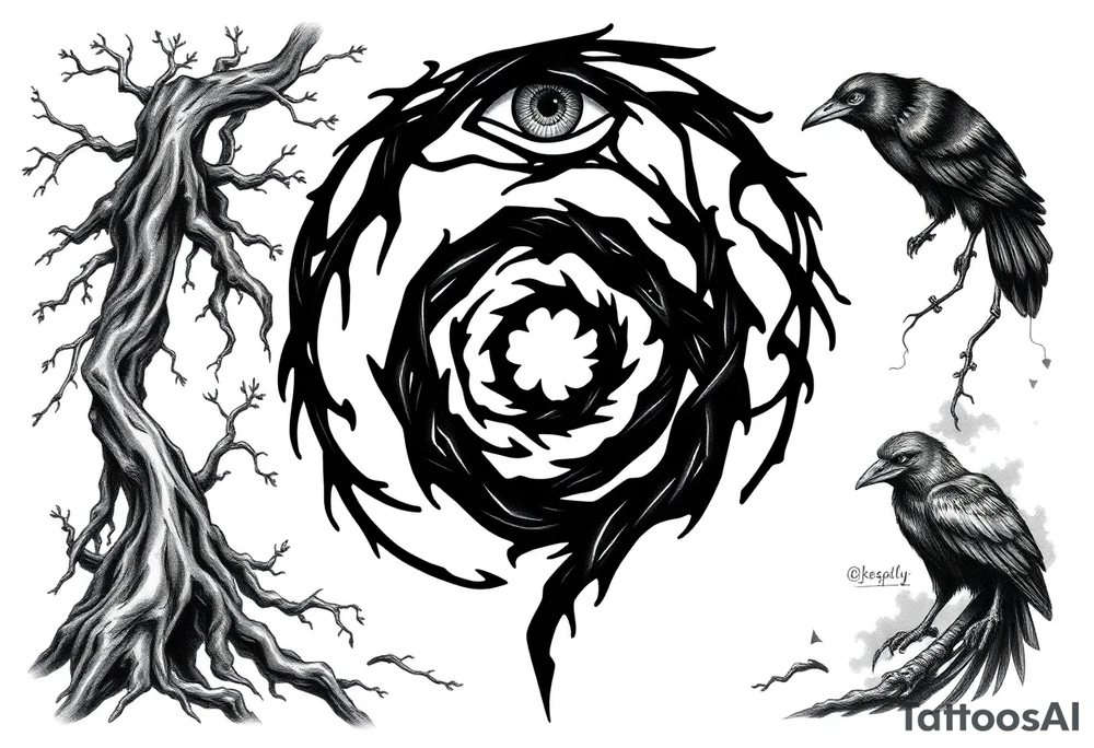 Tattoo design combining a black spiral, nature elements like roots, vines, fog, and flowing water, mythological symbols like Norse runes, a raven, and a shadowy wolf spirit. Include anime elements from Naruto and One Piece: Sharingan eye, chakra flames, Itachi silhouette, Kurama, Luffy in Gear 5, and Zoro’s swords. Style should be black and grey with red highlights, mystical, powerful, and artistic – blending nature, mythology, and anime tattoo idea