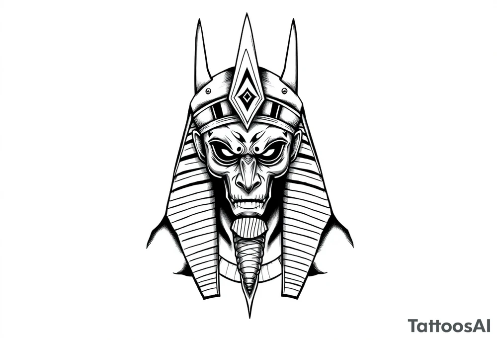 powerful majestic square muscle anubis Egyptian god face mix with joker
without eyes with mantle on head tattoo idea