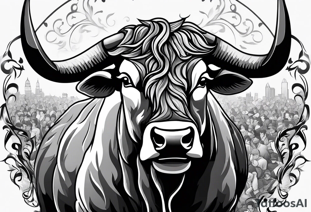 Large bull with horns busting through crowd of people tattoo idea