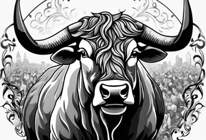 Large bull with horns busting through crowd of people tattoo idea