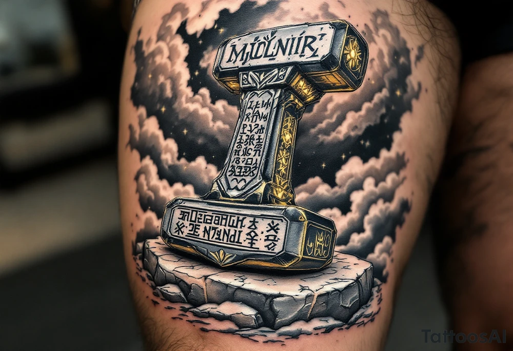 A massive Mjölnir hammer resting on a stone, ancient runes glowing on its surface, surrounded by storm clouds tattoo idea