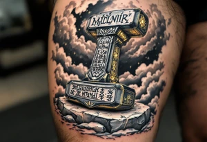 A massive Mjölnir hammer resting on a stone, ancient runes glowing on its surface, surrounded by storm clouds tattoo idea