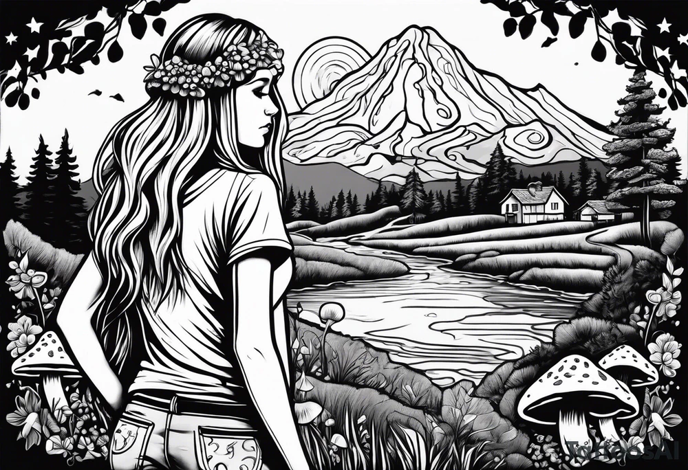 Straight long blonde hair hippie girl in distance holding mushrooms in hand facing away toward mountains and creek surrounded by mushrooms tee shirt and hiking pants tattoo idea