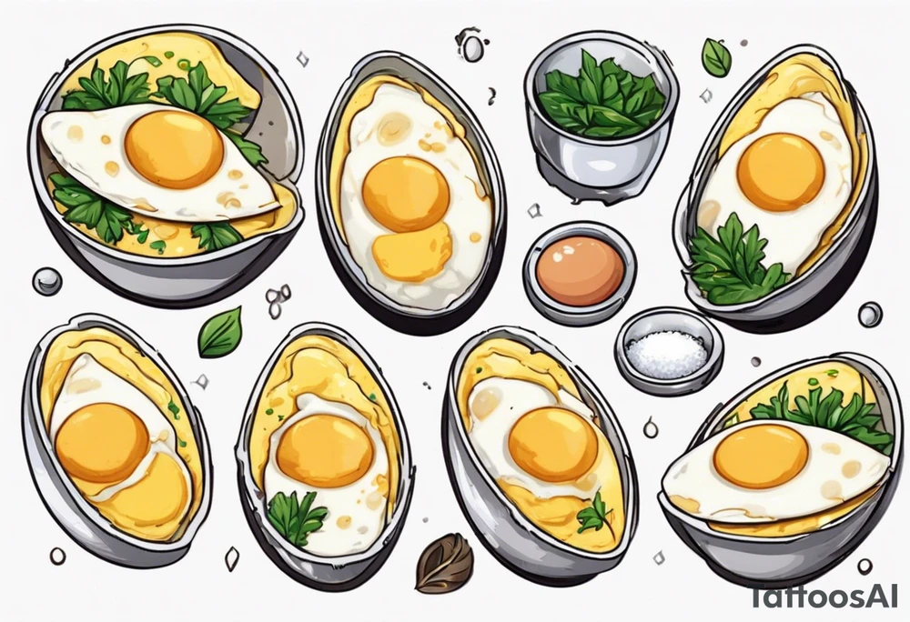 A round, thin omelette made from five eggs with salt pepper and a bit greens tattoo idea