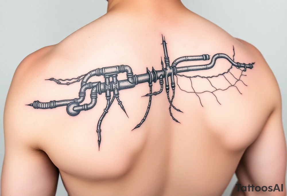 long System of pipes that transitions into veins of forearm tattoo idea