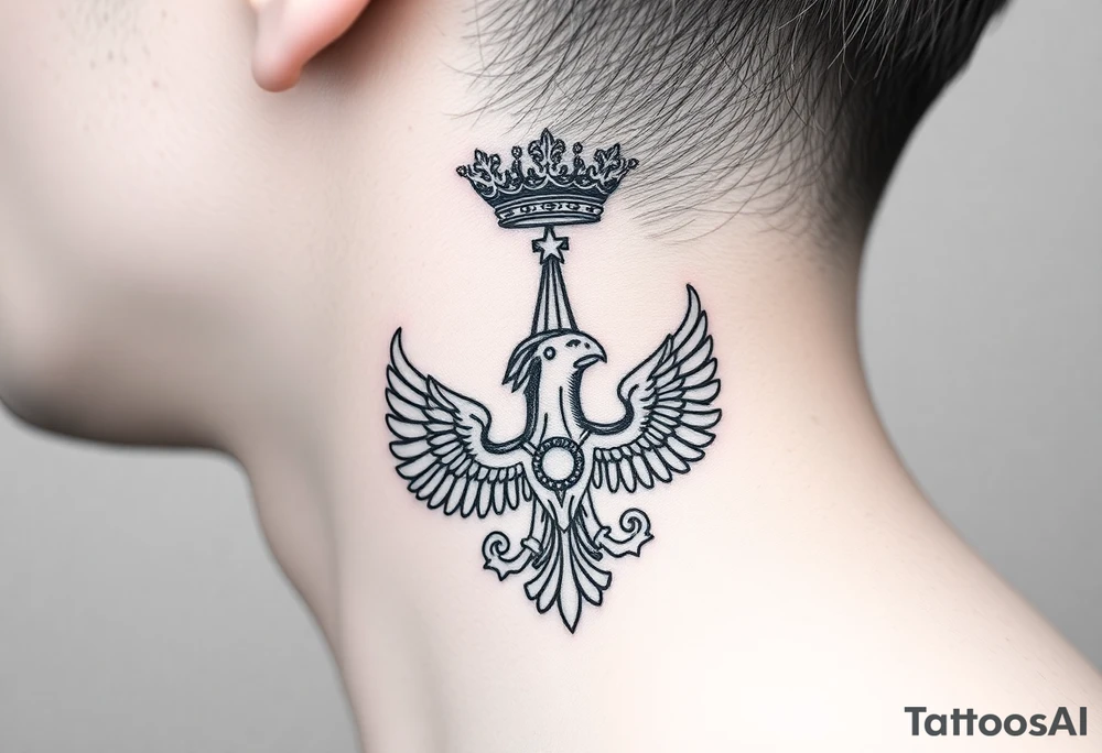 St. George, 3 russian imperial crowns above the Russian coat of arms double eagle and sitting above its wingspan sitting just above Kremlin or St. Basil's Cathedral scene  on the side of my neck tattoo idea