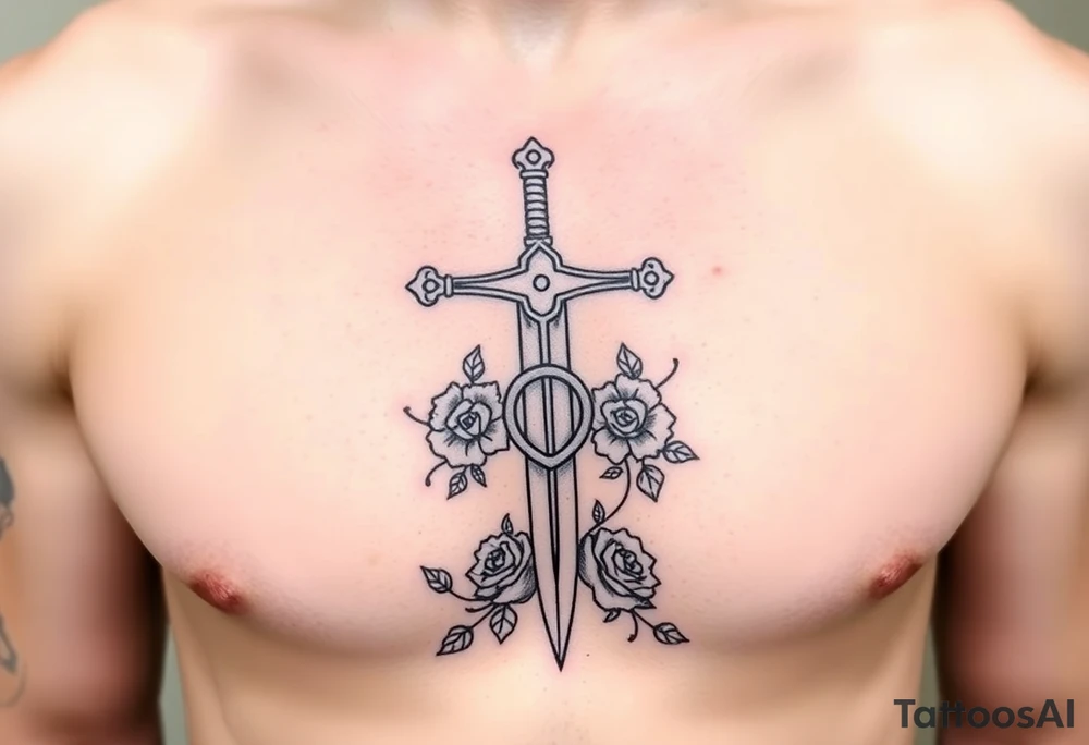 A gothic cross with a sword tip on the bottom going through an infinity sign and has roses and vines growing around tattoo idea