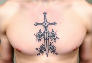 A gothic cross with a sword tip on the bottom going through an infinity sign and has roses and vines growing around tattoo idea