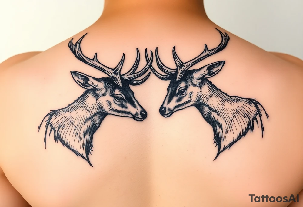 Full body Two deer with their heads down hitting horns to show dominance. tattoo idea