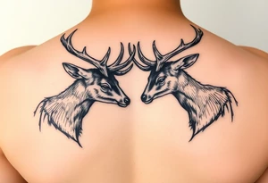 Full body Two deer with their heads down hitting horns to show dominance. tattoo idea