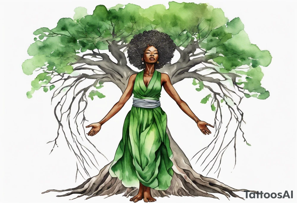 a tree trunk with roots that is a black woman from the waist up, feet made of tree roots, wearing a green tunic, arms stretched upwards towards the noon sun tattoo idea