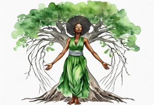 a tree trunk with roots that is a black woman from the waist up, feet made of tree roots, wearing a green tunic, arms stretched upwards towards the noon sun tattoo idea