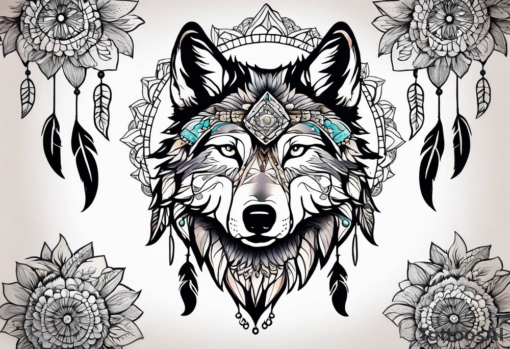 A whimsical wolf tattoo featuring mandala or dream catcher elements, with the wolf as the central focus. Show the wolves whole body standing surrounded by mountains in the background. Include flowers and nature elements to fill the space around the wolf. Some color but not completely solid bold color tattoo idea