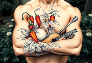 Super hot pepper plants, hot sauce, baseball, acoustic guitar, trumpet, with a gardening background tattoo idea