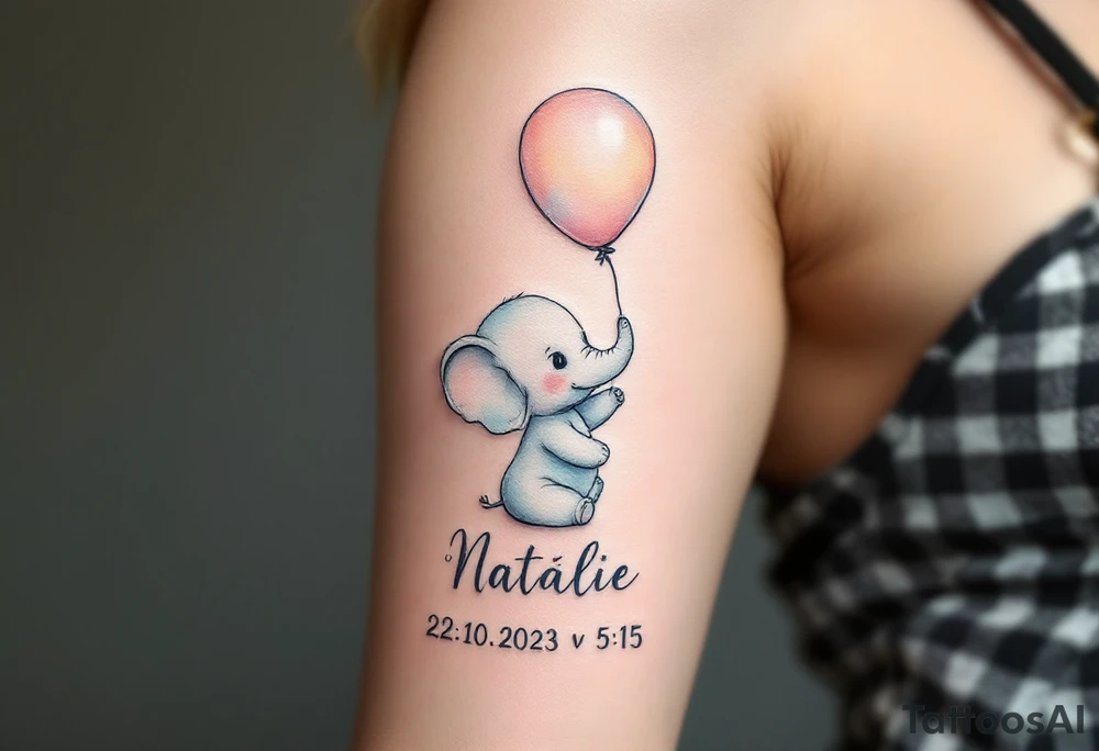 Delicate outline of a baby elephant holding a balloon with name Natálie and numbers 22.10.2023 v 5:15 in pastel peach script. tattoo idea