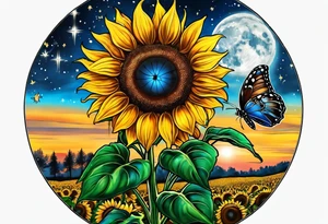 Sunflowers, full moon, blue morpho butterflies, starry sttary night, you are my sunshine. tattoo idea