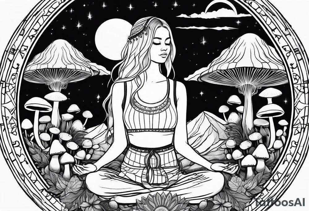 Straight blonde hair girl meditating facing away toward mountains surrounded by mushrooms crescent moon mandala circular design black and white striped dress tattoo idea