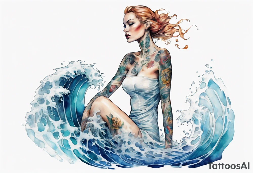 a tall transparent woman made of glass covered with water, sitting upon a wave tattoo idea