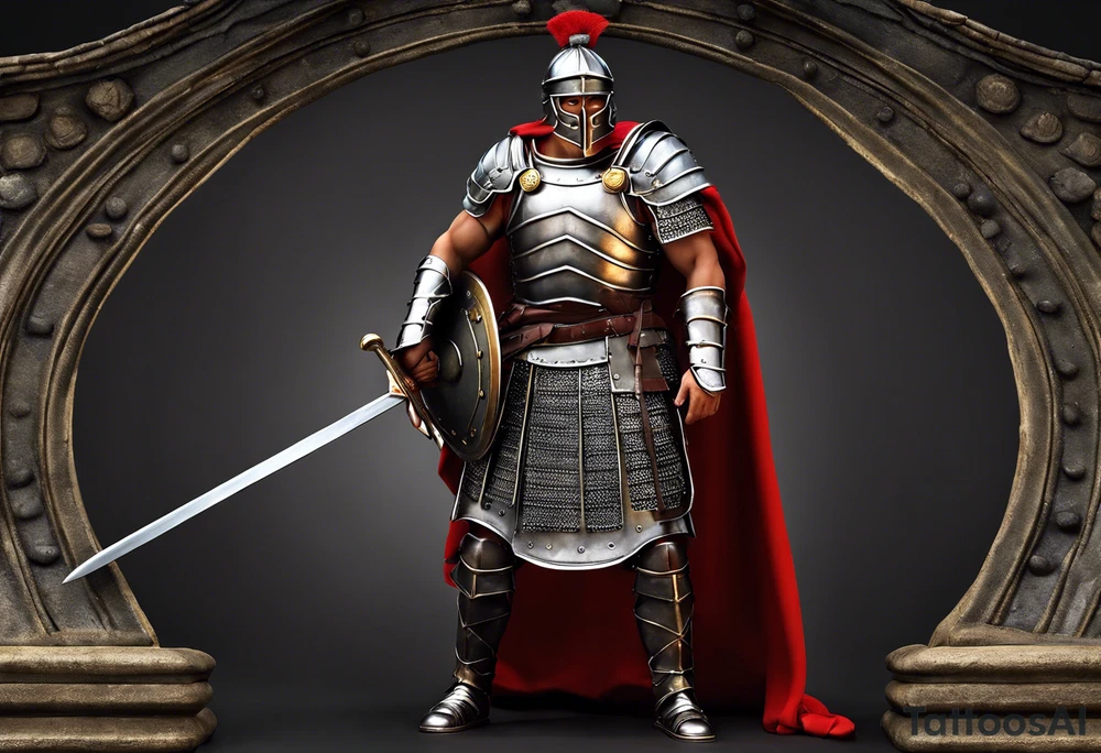 a high ranking roman centurion, soldier, AD 60, wearing armour which must include an armoured belt, breastplate, armoured shoes, shield, helmet and sword. the soldier is strong, tall, large, fit, muscular. the soldier is faceless. We can see the full body of the centurion, from his shoes to his helmet. The soldier is mid-battle, fending off flaming arrows with his shield, advancing towards the enemy, attacking the enemy. attacking pose. The image should be extremely detailed. Need to see the full soldier. tattoo idea