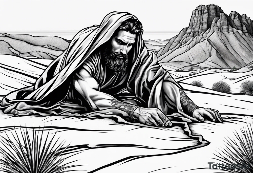 man crawling in a desert reaching to the cross of Christ tattoo idea