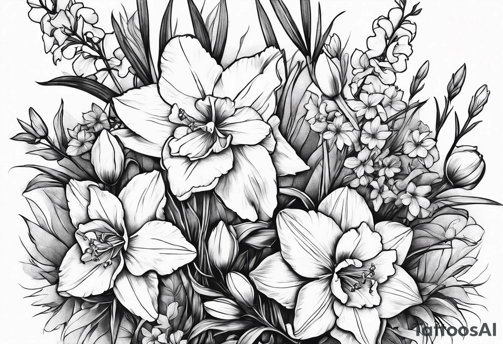 Larkspur and narcissus bouquet tattoo idea