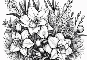 Larkspur and narcissus bouquet tattoo idea