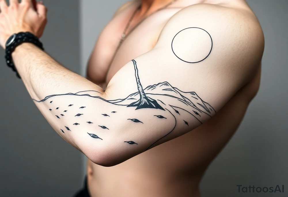 fine line, peaceful, serene, timeless, ocean, sand, palm tree, sun tattoo idea