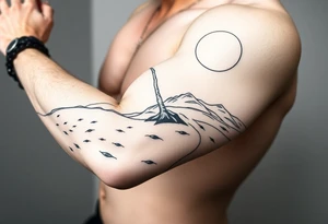fine line, peaceful, serene, timeless, ocean, sand, palm tree, sun tattoo idea