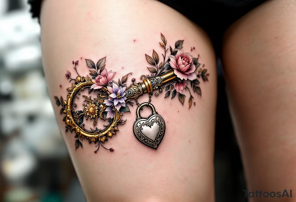 An ornate, vintage key adorned with detailed floral engravings along the shaft and a delicate heart-shaped lock at the base. Soft gold for the key, pastel pink and lavender for the flowers, and a subtle silver lock with hints of white highlights. tattoo idea