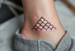 A tiny constellation in white glows from inside a black-ink outline of scales on the ankle. tattoo idea