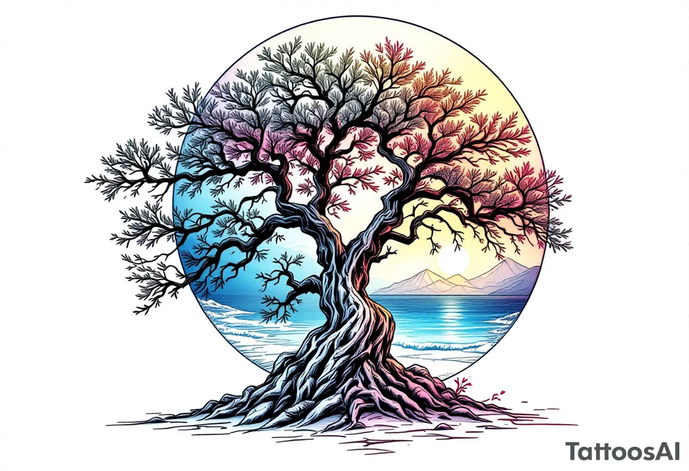 acacia tree with mountains and the ocean tattoo idea