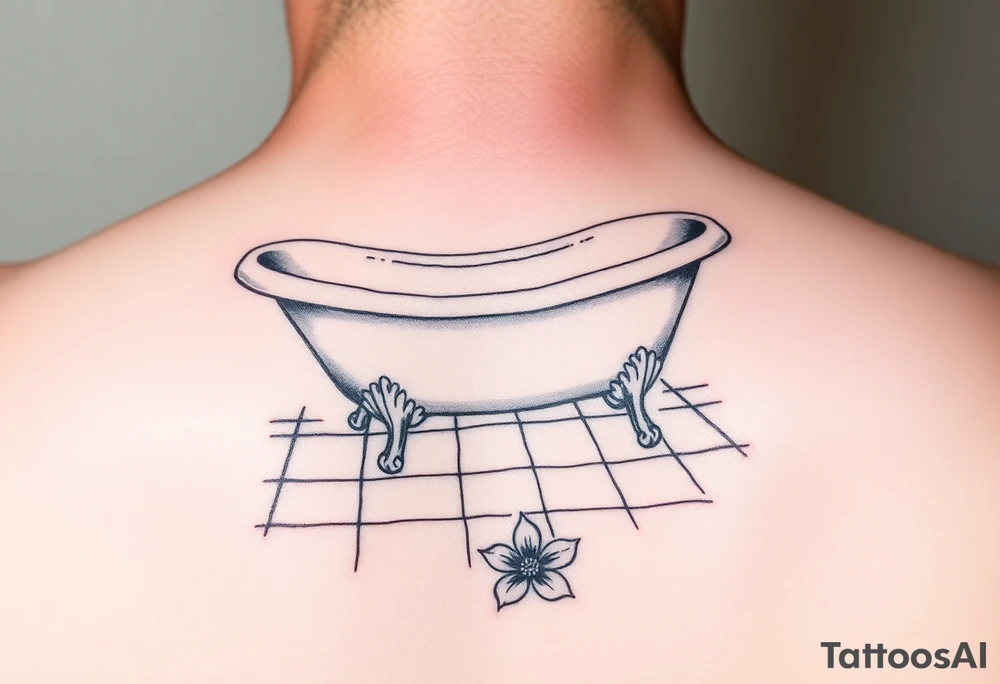 clawfoot bathtub with visible tile bathroom floor and a flower on the floor tattoo idea