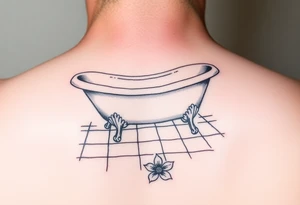 clawfoot bathtub with visible tile bathroom floor and a flower on the floor tattoo idea
