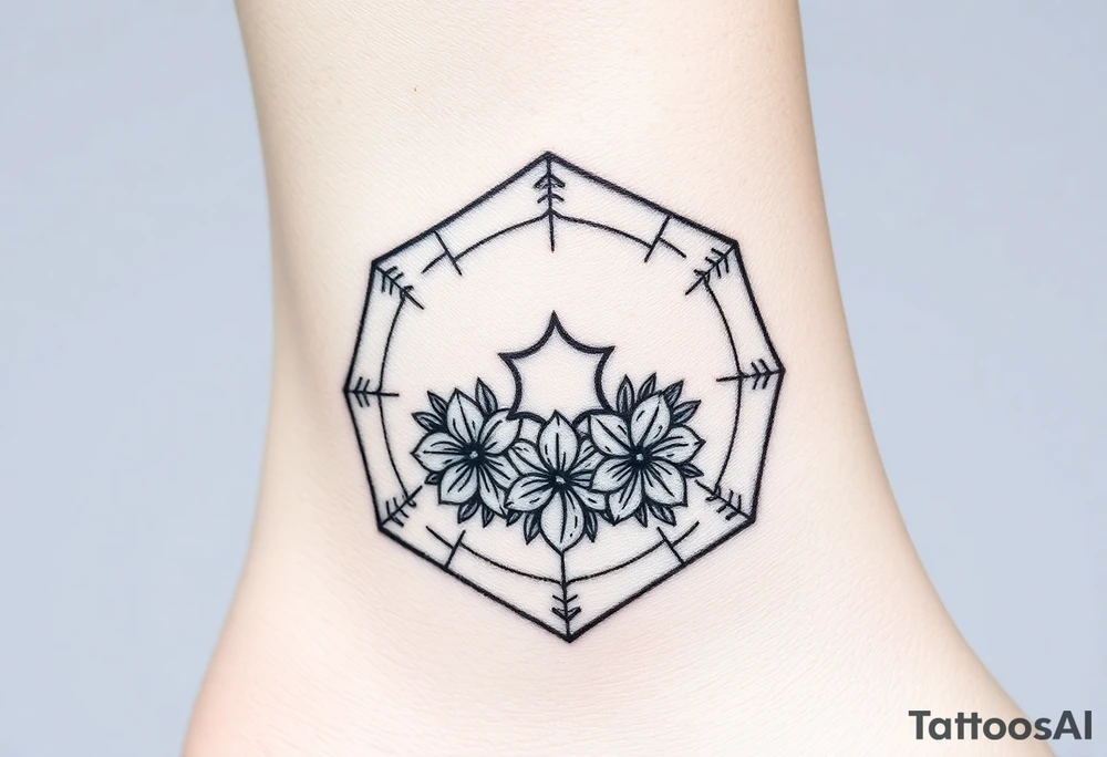 Hexagon with a constellation sign for Leo,  larkspur and water lilies in the center tattoo idea