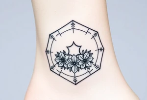 Hexagon with a constellation sign for Leo,  larkspur and water lilies in the center tattoo idea