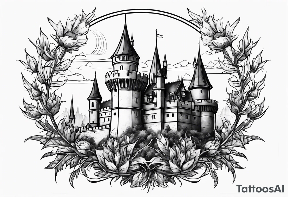 Thistles growing around a castle turret tattoo idea